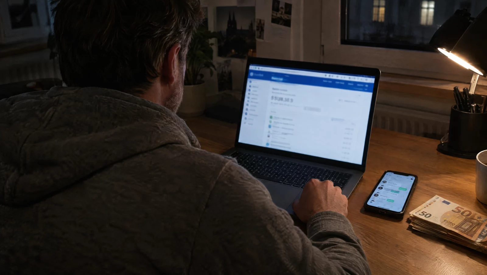 Mann sitzt nachts vor Laptop mit Onlinebanking, daneben Smartphone und Bargeld – typische Situation eines Finanzagenten bei Geldwäsche.