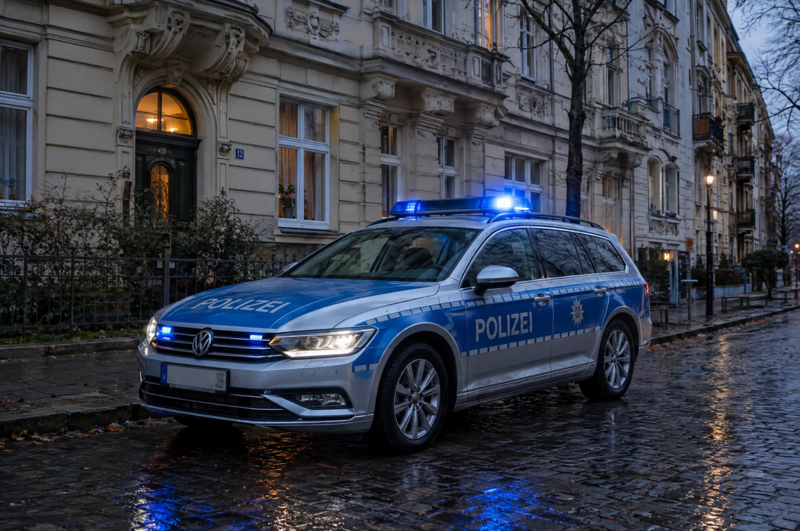 Ein Streifenwagen der Polizei mit Blaulicht steht am Abend vor einem Altbau, etwa nach einer Anzeige wegen Freiheitsberaubung.