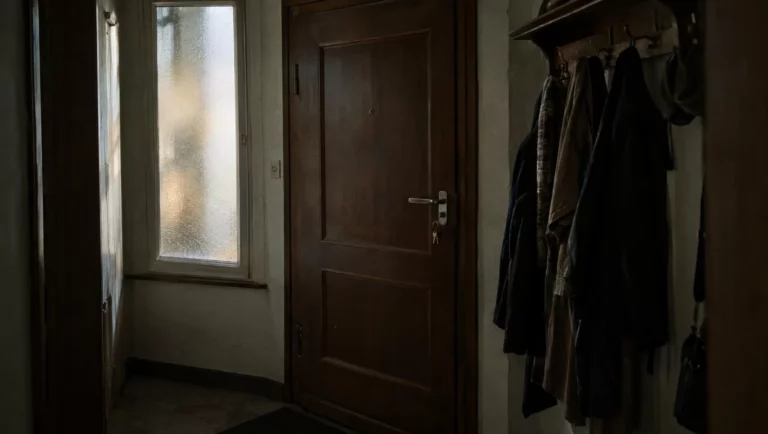 Eine schwere Wohnungstür im Altbau ist von innen abgeschlossen, der Schlüssel steckt – Sinnbild für den Vorwurf der Freiheitsberaubung.