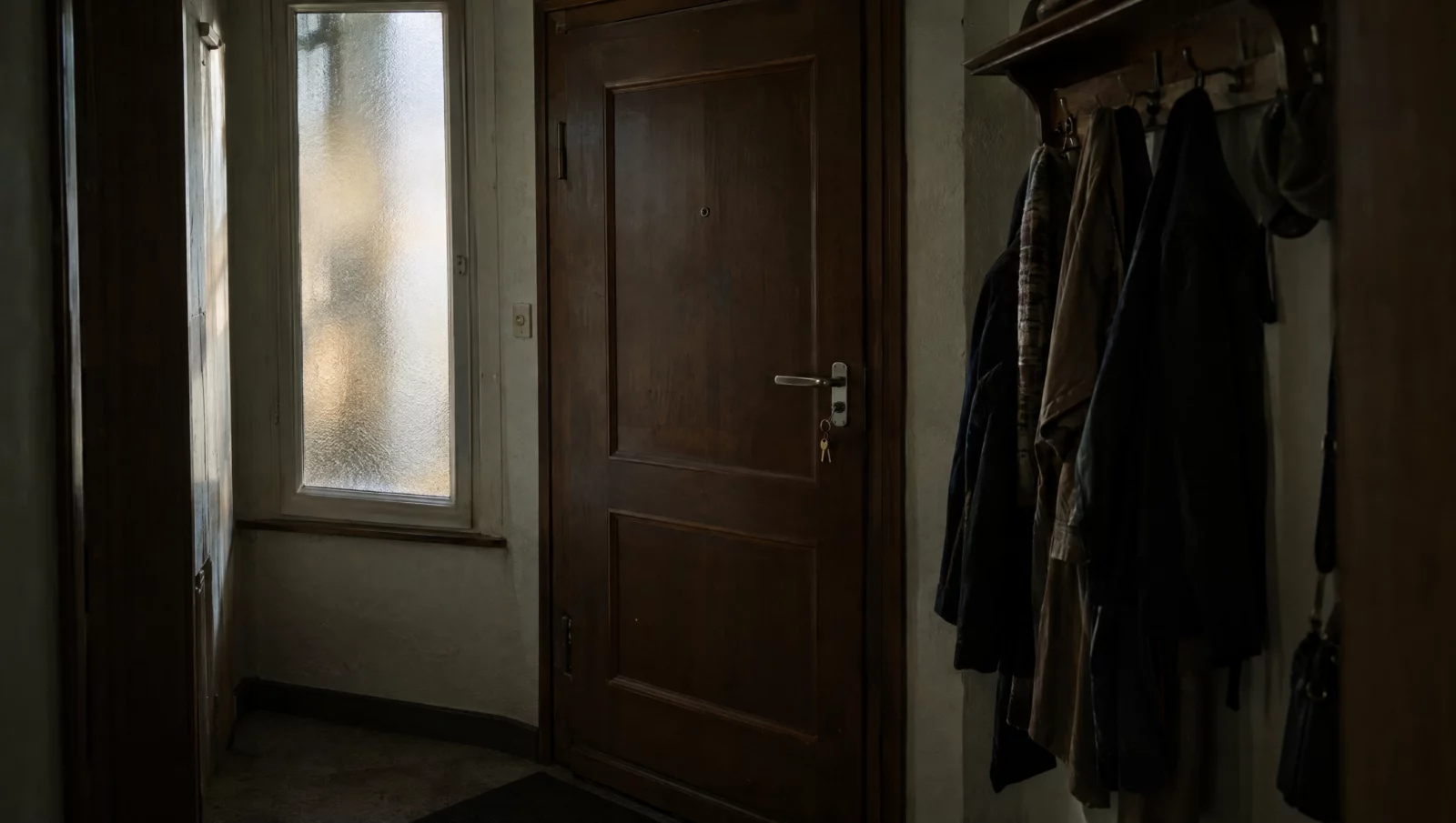 Eine schwere Wohnungstür im Altbau ist von innen abgeschlossen, der Schlüssel steckt – Sinnbild für den Vorwurf der Freiheitsberaubung.