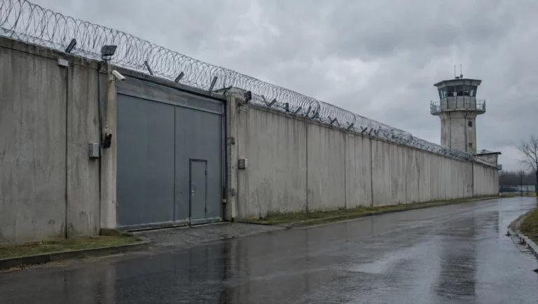 Hohe graue Betonmauer mit Stacheldraht und Stahltor einer Justizvollzugsanstalt, in der Freiheitsstrafen vollstreckt werden.