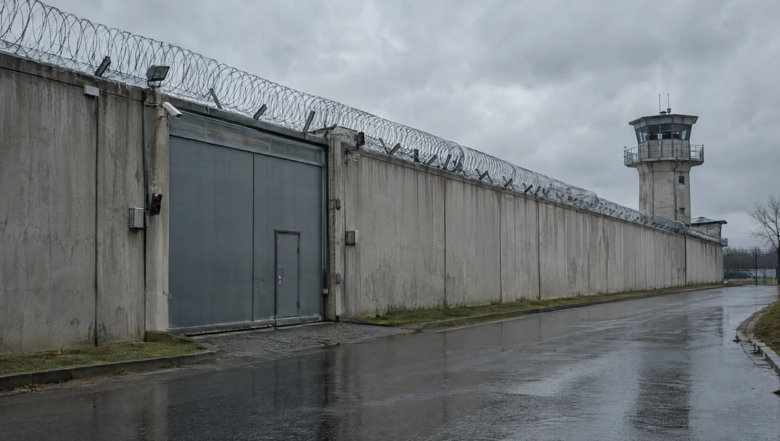Hohe graue Betonmauer mit Stacheldraht und Stahltor einer Justizvollzugsanstalt, in der Freiheitsstrafen vollstreckt werden.