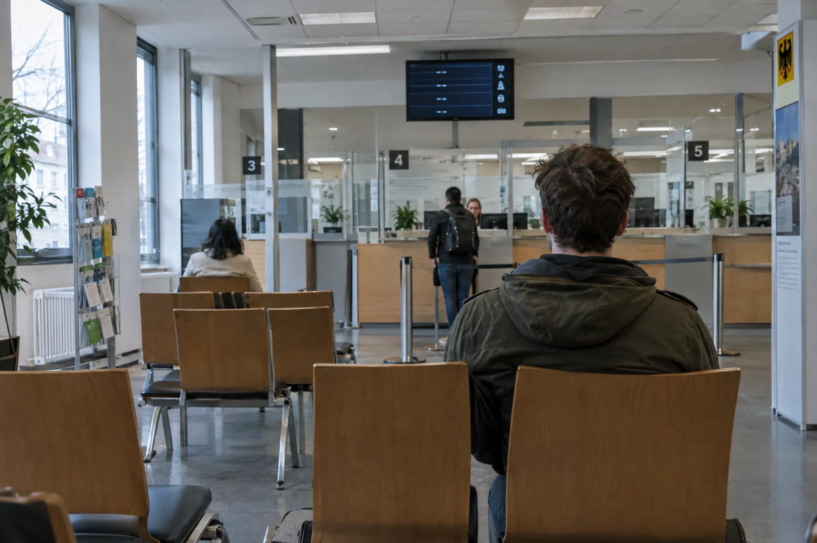 Führungszeugnis und Jugendstrafrecht Junger Mann wartet im Bürgeramt, um ein Führungszeugnis zu beantragen, nachdem er nach Jugendstrafrecht verurteilt wurde.