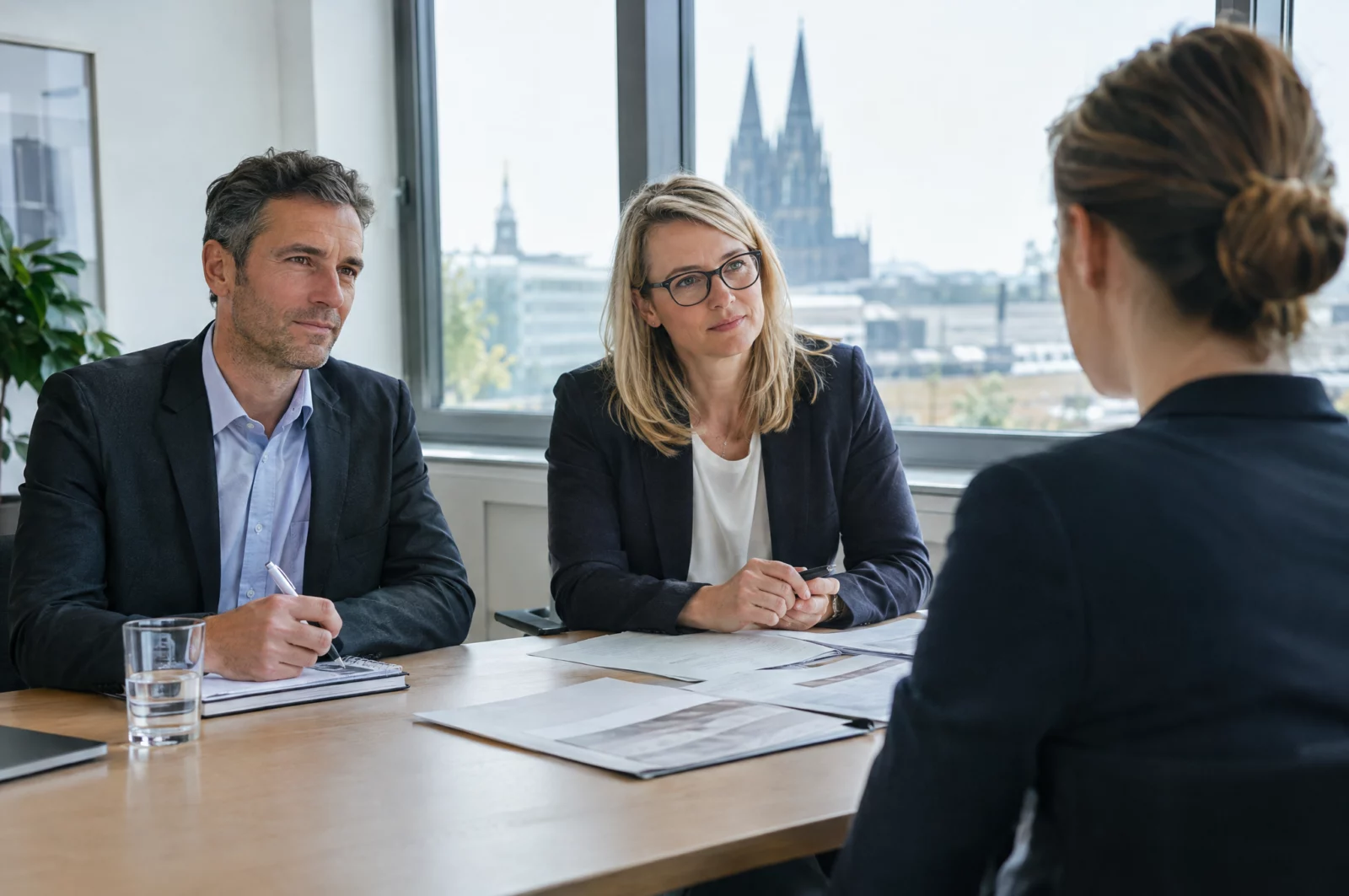Bewerberin im Vorstellungsgespräch mit zwei Personalverantwortlichen, bei dem Vorstrafen zur Sprache kommen können.