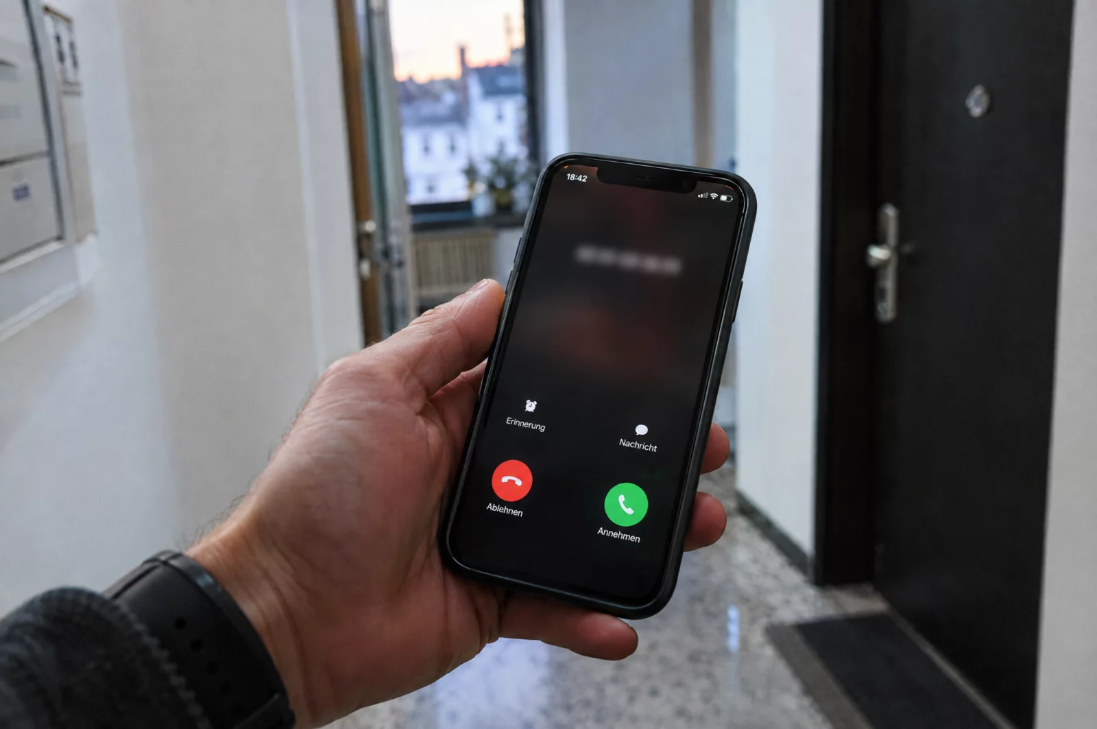 Hand hält ein Smartphone mit eingehendem Anruf im Flur einer Wohnung, so beginnt oft eine Gefährderansprache durch die Polizei.