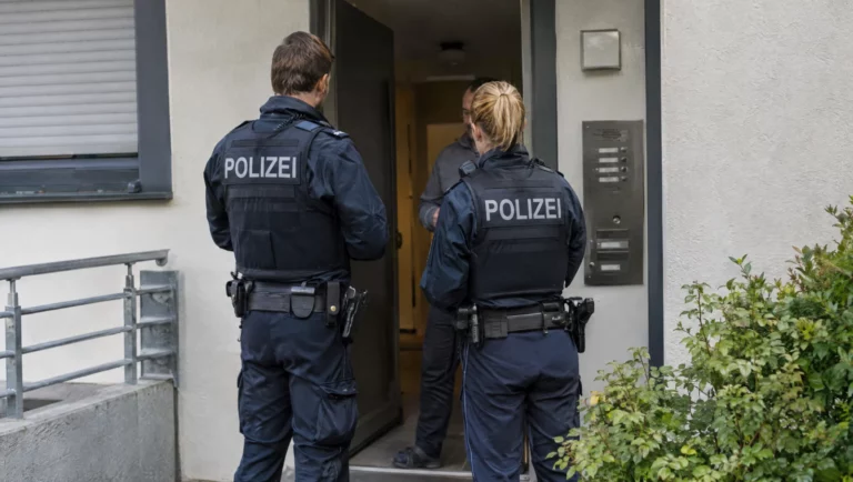 Zwei Polizeibeamte stehen an der Haustür eines Wohnhauses und sprechen mit einem Bewohner, typische Situation einer Gefährderansprache.