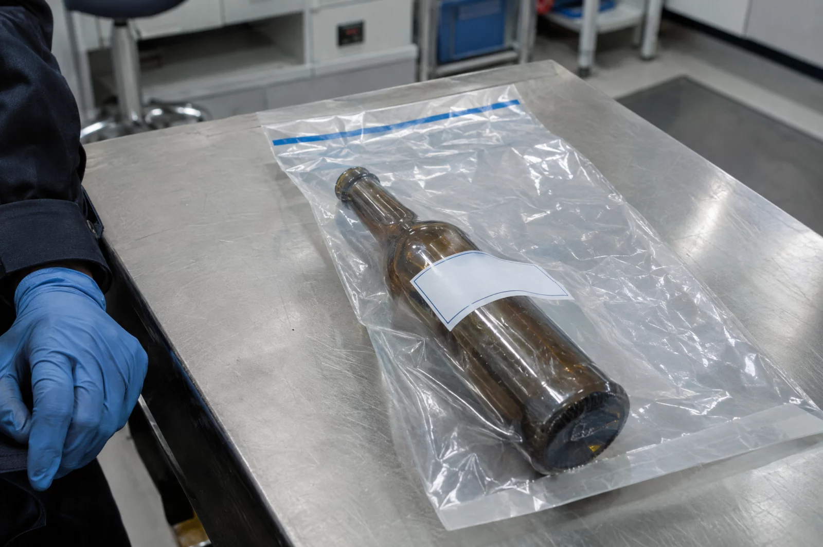 Leere Glasflasche in einer Beweismitteltasche im Labor – als gefährliches Werkzeug im Sinne des § 224 StGB sichergestellt.