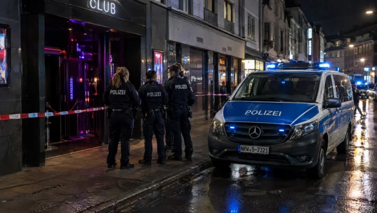 Polizeieinsatz nachts vor einem Club mit Absperrband und Einsatzwagen, nachdem eine gefährliche Körperverletzung gemeldet wurde.