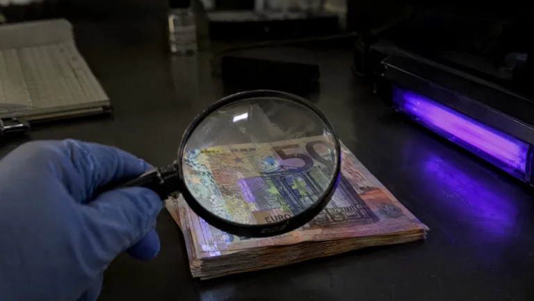 Ein Prüfer untersucht Euro-Banknoten unter Lupe und UV-Lampe auf Fälschungsmerkmale – Kern eines Verfahrens wegen Geldfälschung.