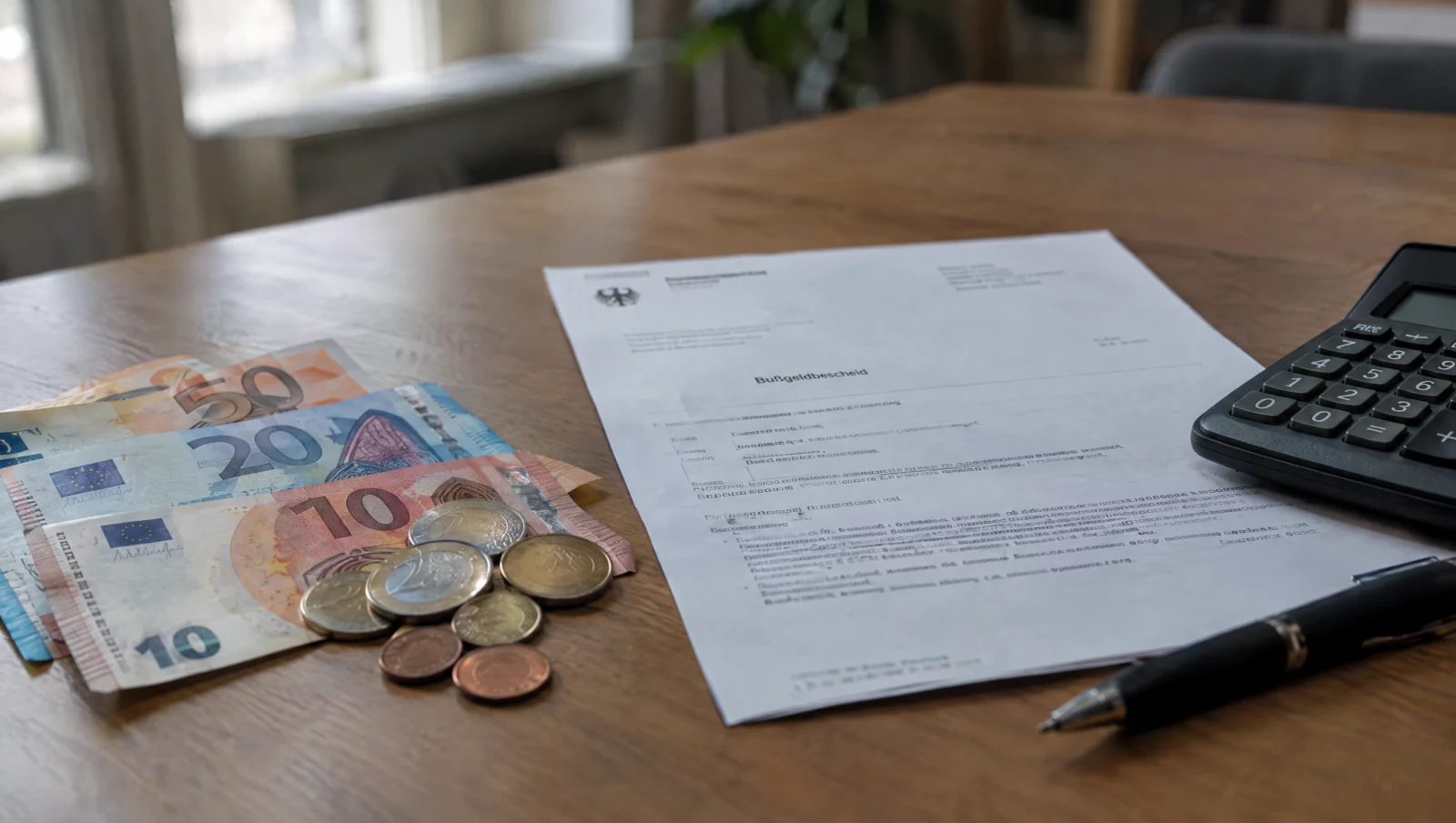 Euroscheine, Münzen und ein Taschenrechner liegen neben einem gerichtlichen Strafbefehl, der eine Geldstrafe festsetzt.