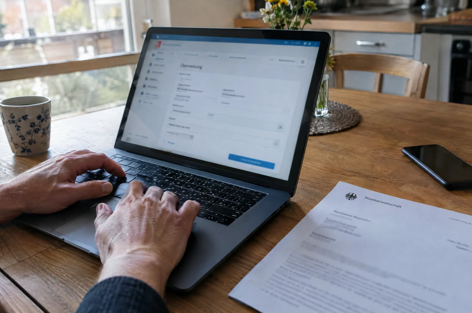 Hände tippen am Laptop eine Überweisung, daneben liegt ein Schreiben der Staatsanwaltschaft zur Zahlung der Geldstrafe.