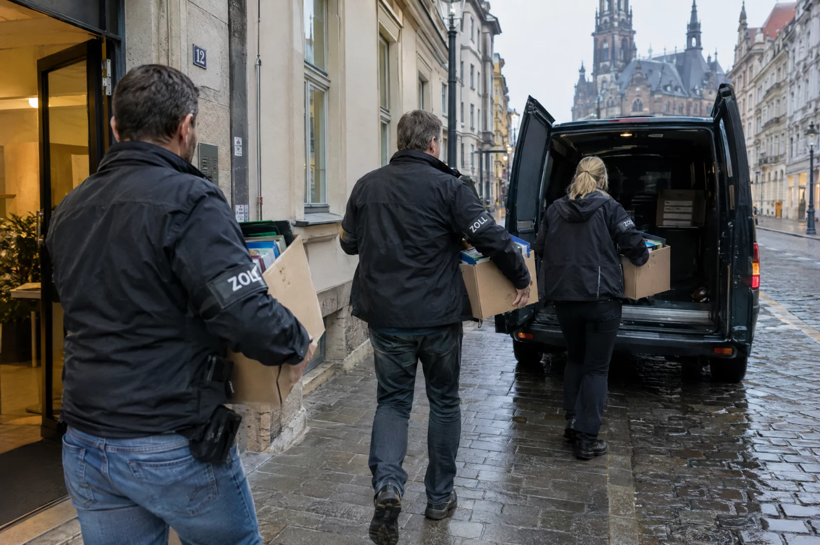 Ermittler tragen frühmorgens Kartons mit Ordnern aus einem Büro zu einem Transporter, Durchsuchung wegen Geldwäsche.