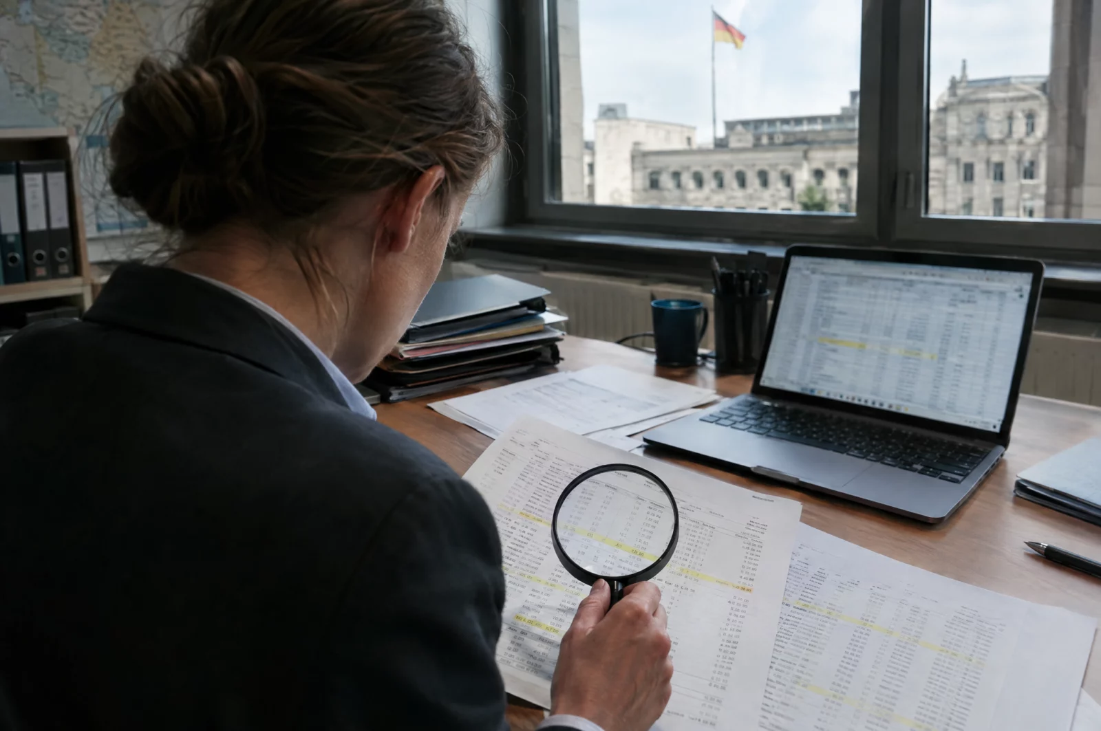 Kontoauszüge mit markierten Buchungen, Lupe und Laptop auf dem Schreibtisch einer Finanzermittlung wegen Geldwäscheverdachts.