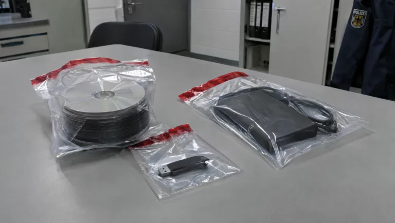 DVDs, USB-Stick und Festplatte in versiegelten Beweismitteltüten auf einem Tisch, sichergestellt wegen Gewaltdarstellung nach § 131 StGB.