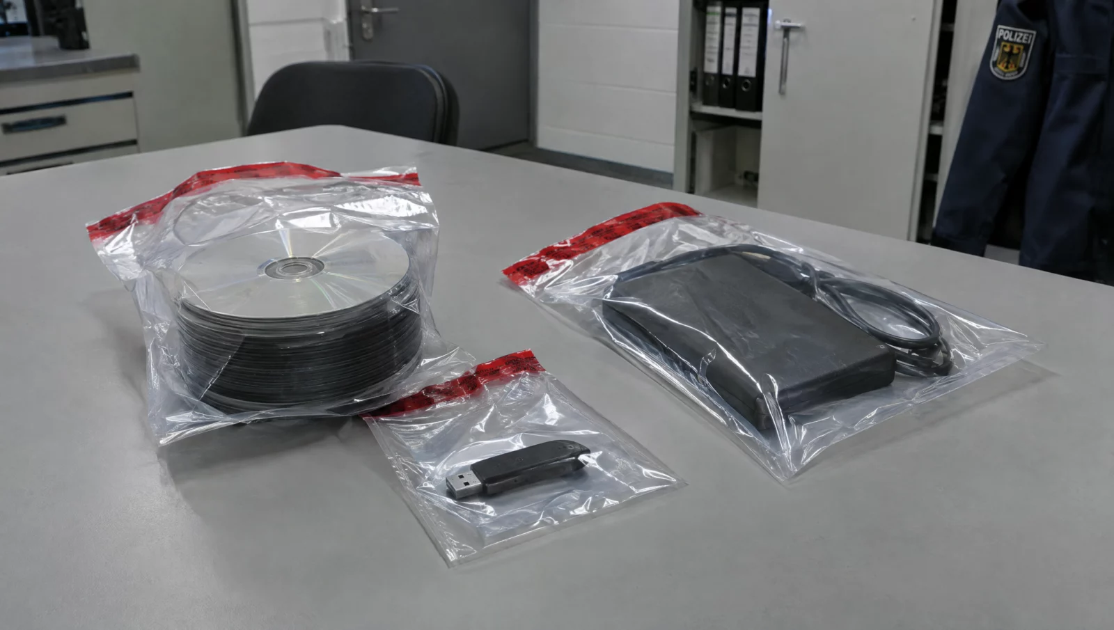 DVDs, USB-Stick und Festplatte in versiegelten Beweismitteltüten auf einem Tisch, sichergestellt wegen Gewaltdarstellung nach § 131 StGB.