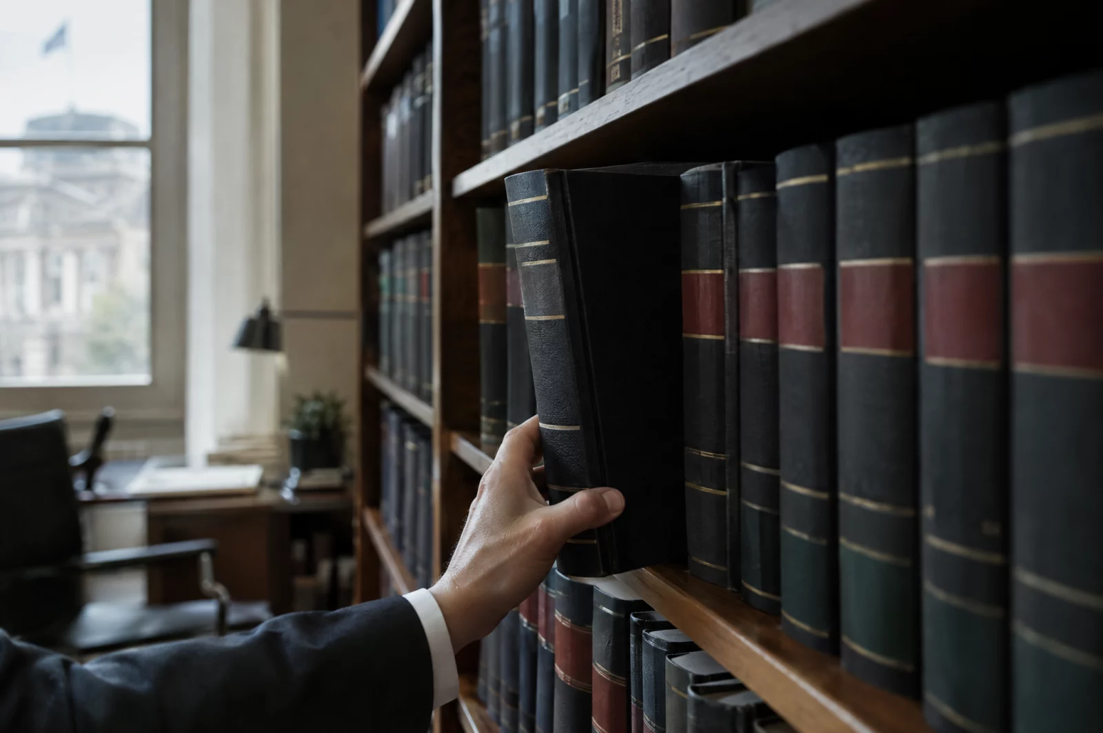 Bücherregal mit juristischen Kommentaren in einer Kanzlei, ein Band halb herausgezogen, Recherche zur Strafe bei § 131 StGB.