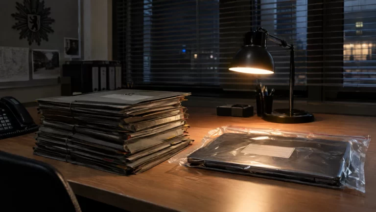 Ermittlungsakten und ein Laptop in einer Beweismitteltüte im Polizeibüro, Ausgangspunkt eines Verfahrens nach § 184a StGB.