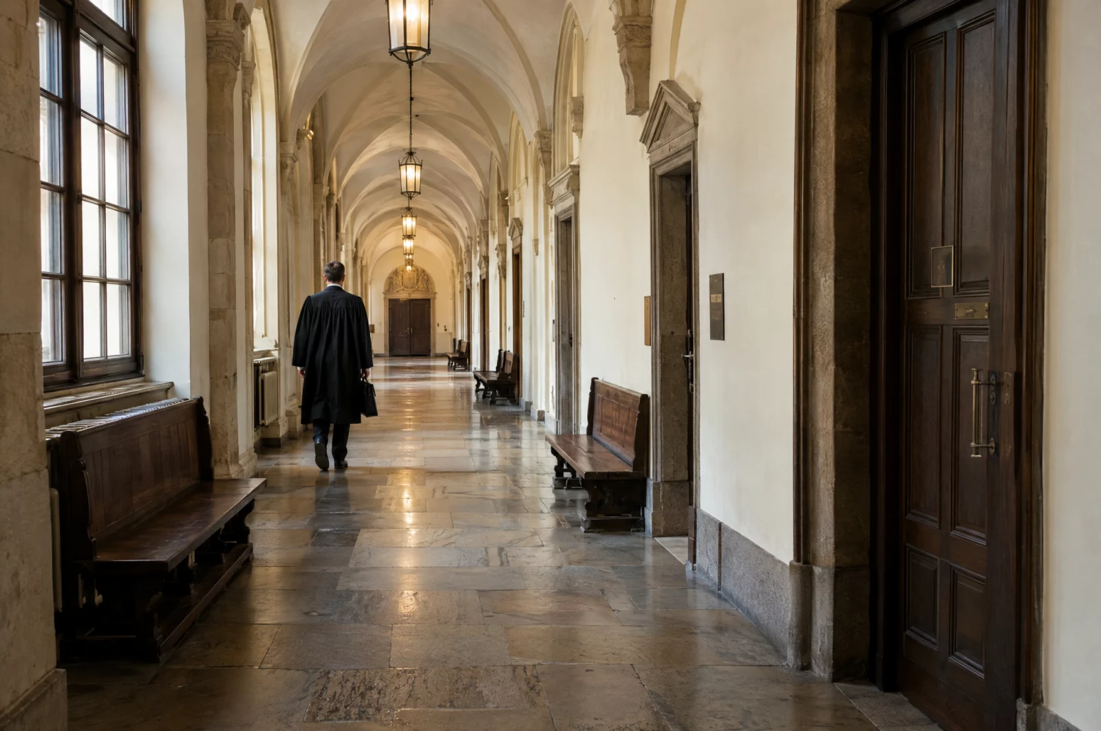 Verstoß gegen das Gewaltschutzgesetz - § 4 GewSchG Gewölbter Flur eines historischen Amtsgerichts mit Holzbänken, ein Anwalt in Robe geht zum Verfahren wegen Verstoßes gegen das GewSchG.