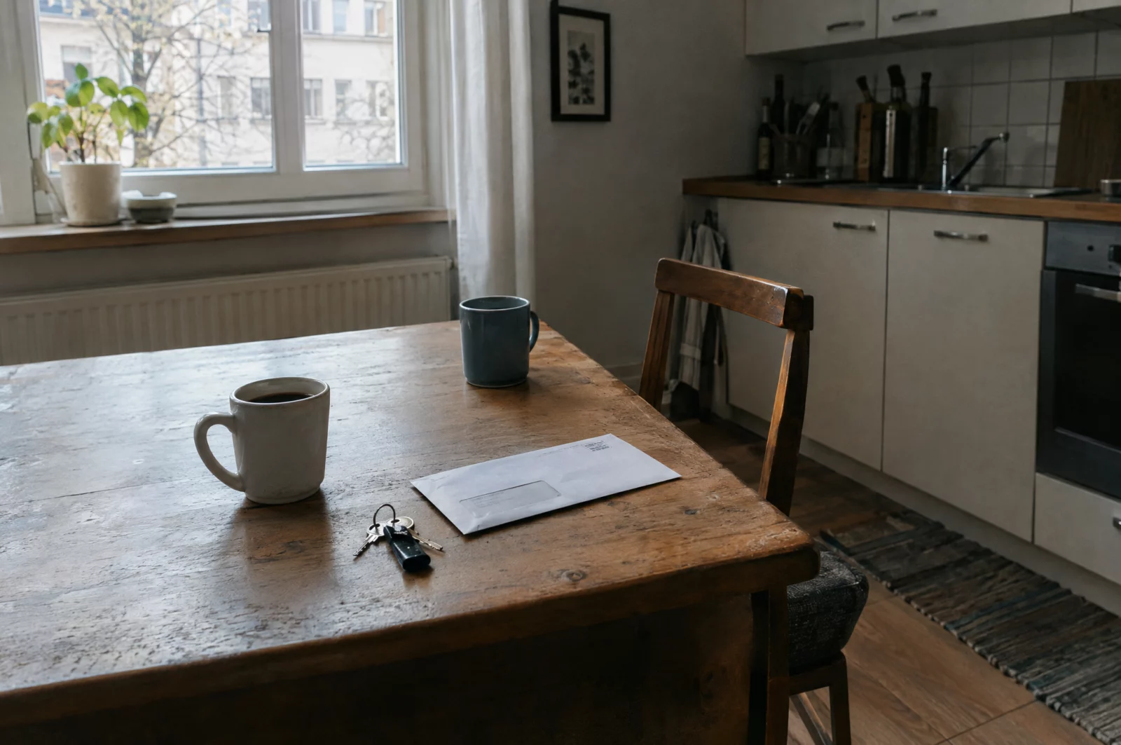 Verlassener Küchentisch mit zwei Tassen, Schlüsseln und einem Brief, Sinnbild für den Moment, in dem ein Streit zum Strafverfahren wird.