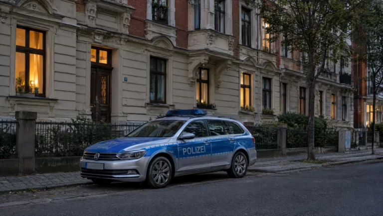 Streifenwagen der Polizei parkt am Abend vor einem Leipziger Altbau-Wohnhaus, typischer Einsatz bei einem Vorwurf häuslicher Gewalt.