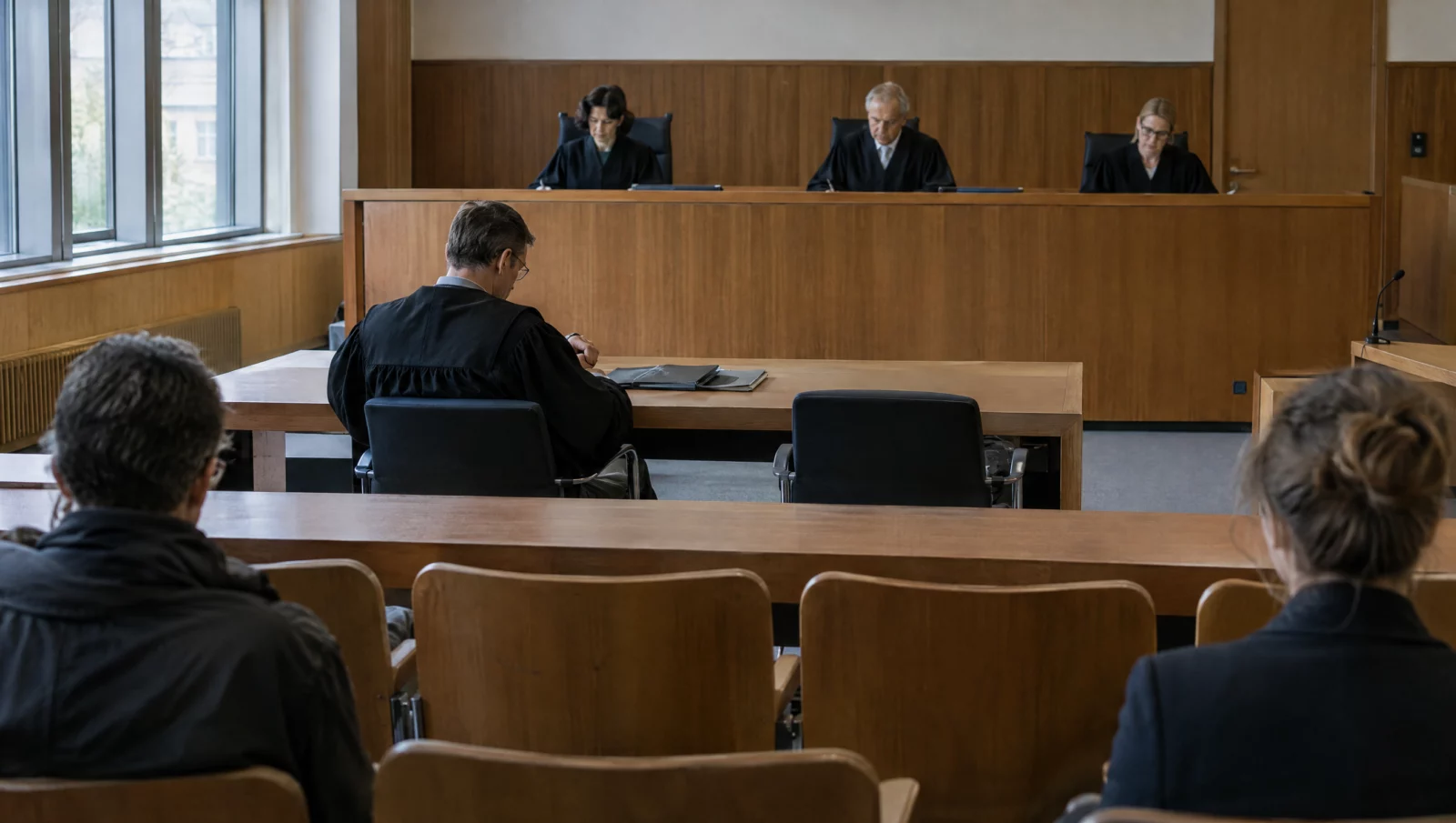 Im Gerichtssaal wartet der Verteidiger in Robe neben dem leeren Platz des Angeklagten, das Gericht sitzt bereits.