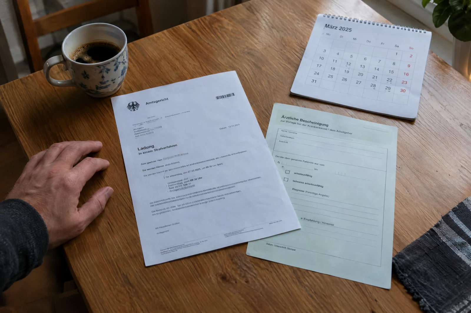 Gerichtliche Ladung, ärztliches Attest und Kalender liegen auf einem Küchentisch, Grundlage für eine Terminsverlegung.