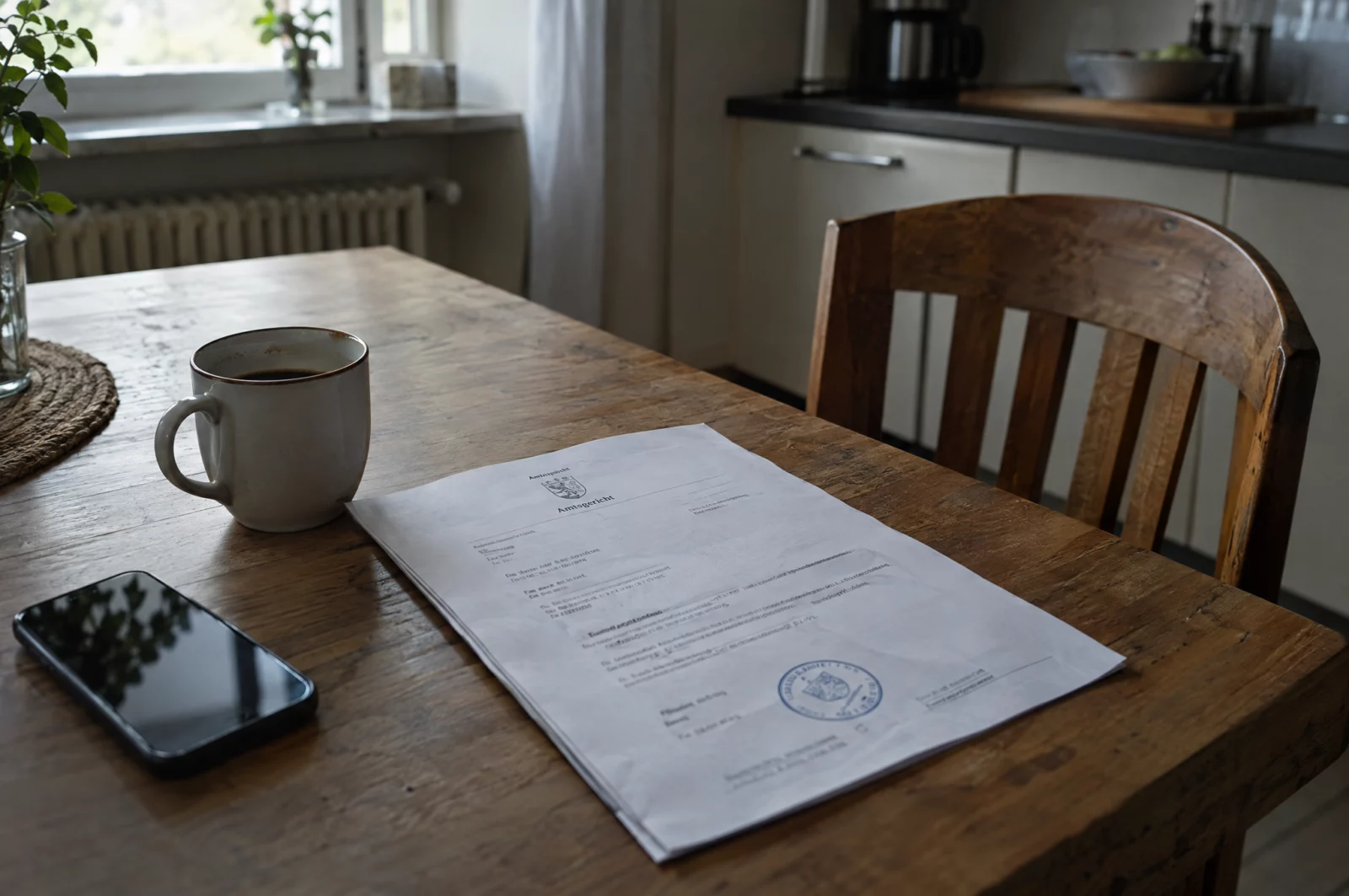 Gerichtlicher Durchsuchungsbeschluss liegt neben Kaffeetasse und Smartphone auf einem Küchentisch