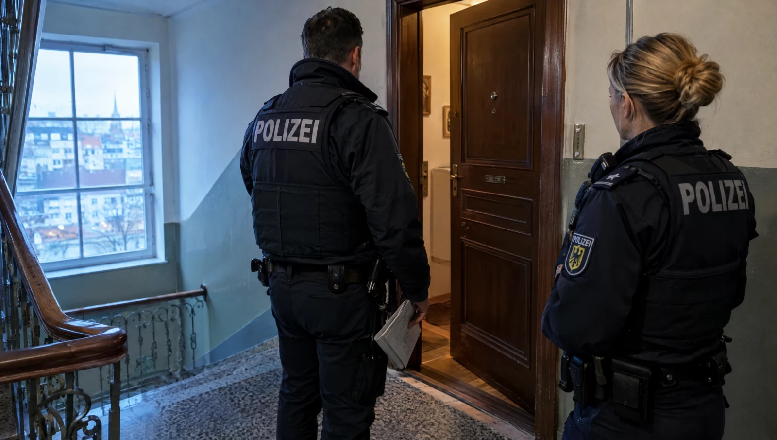 Zwei Polizeibeamte stehen frühmorgens mit dem Durchsuchungsbeschluss an einer Wohnungstür im Treppenhaus