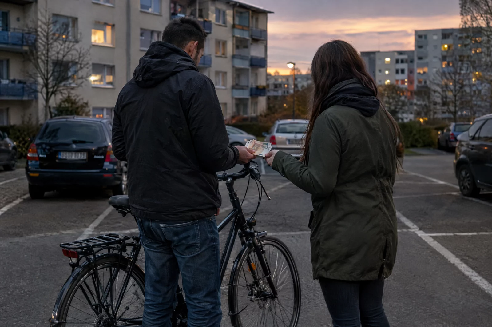Zwei Personen tauschen in der Abenddämmerung auf einem Parkplatz ein neues Fahrrad gegen Euro-Bargeld aus.