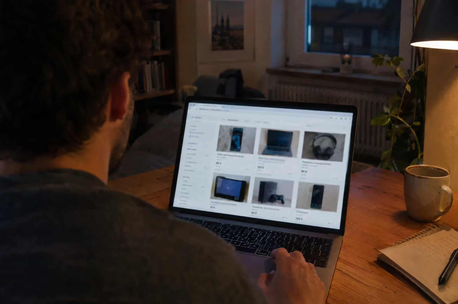 Eine Person durchsucht am Laptop ein Kleinanzeigenportal mit auffällig günstiger Elektronik, ein Risiko für Hehlerei.