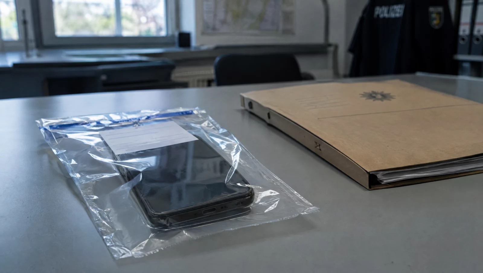 Ein Smartphone in einer Beweismitteltasche liegt neben einer Akte auf dem Tisch einer Dienststelle, Verfahren nach § 184k StGB.
