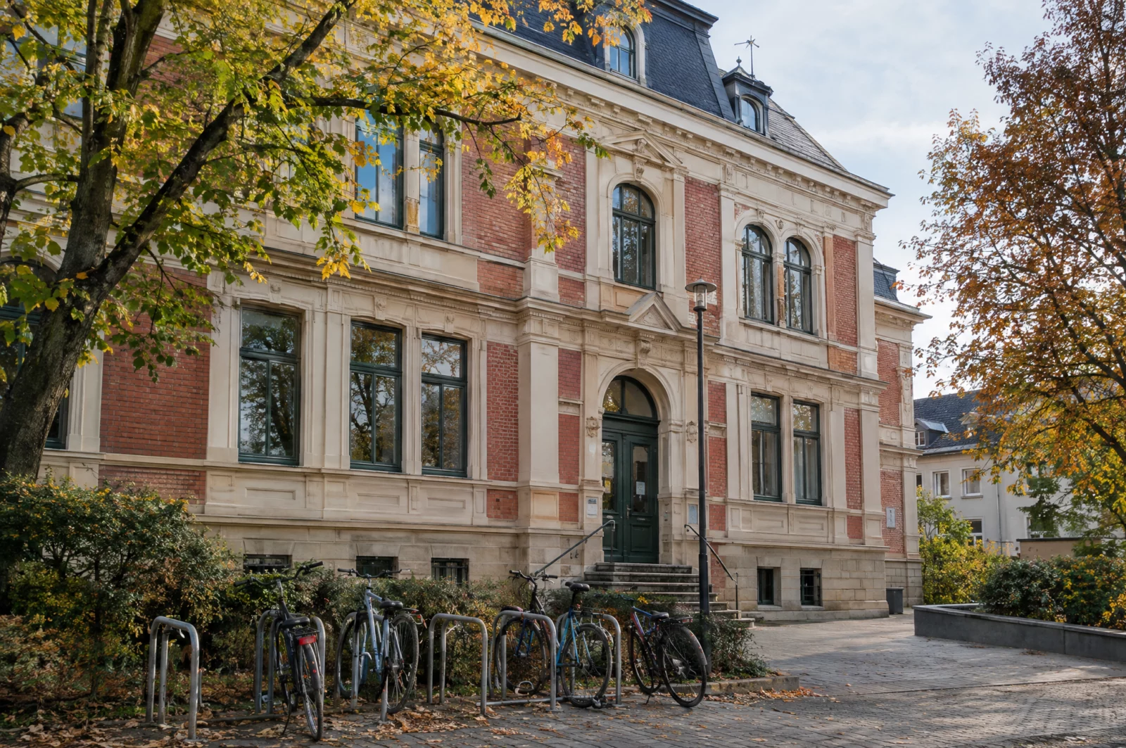 Gründerzeitgebäude eines Jugendamts mit Fahrradständer im Herbst, Sitz der Jugendhilfe im Strafverfahren.