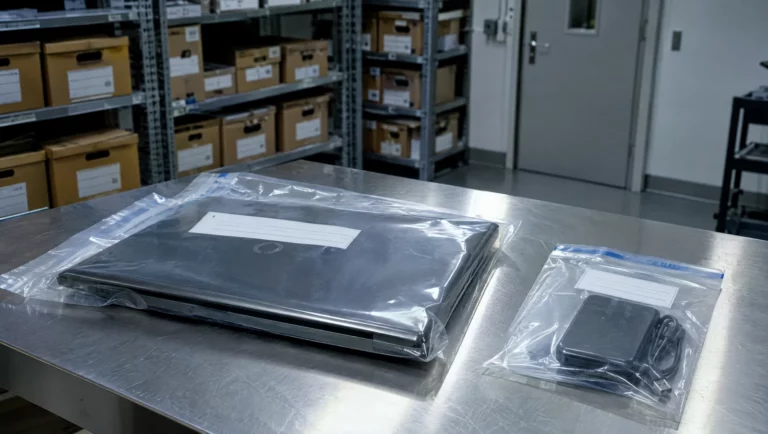 Ein beschlagnahmter Laptop und eine externe Festplatte liegen versiegelt in Beweismitteltüten in der Asservatenkammer.