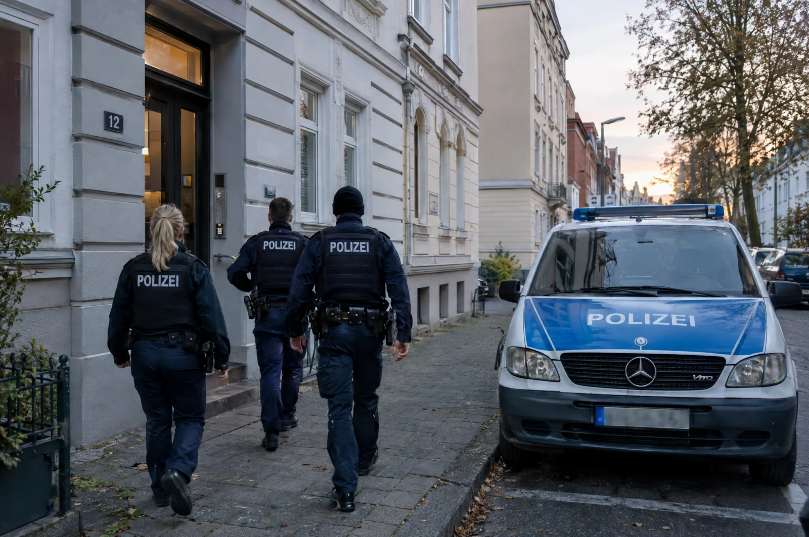 Jugendpornographie - § 184c StGB Polizeibeamte gehen im Morgengrauen auf ein Wohnhaus zu, wie es bei Hausdurchsuchungen wegen § 184c StGB üblich ist.