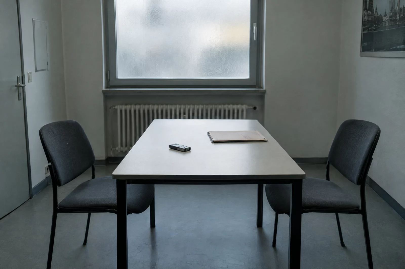 Jugendpornographie - § 184c StGB Leerer Vernehmungsraum der Polizei mit Tisch, zwei Stühlen, Aufnahmegerät und geschlossener Akte.