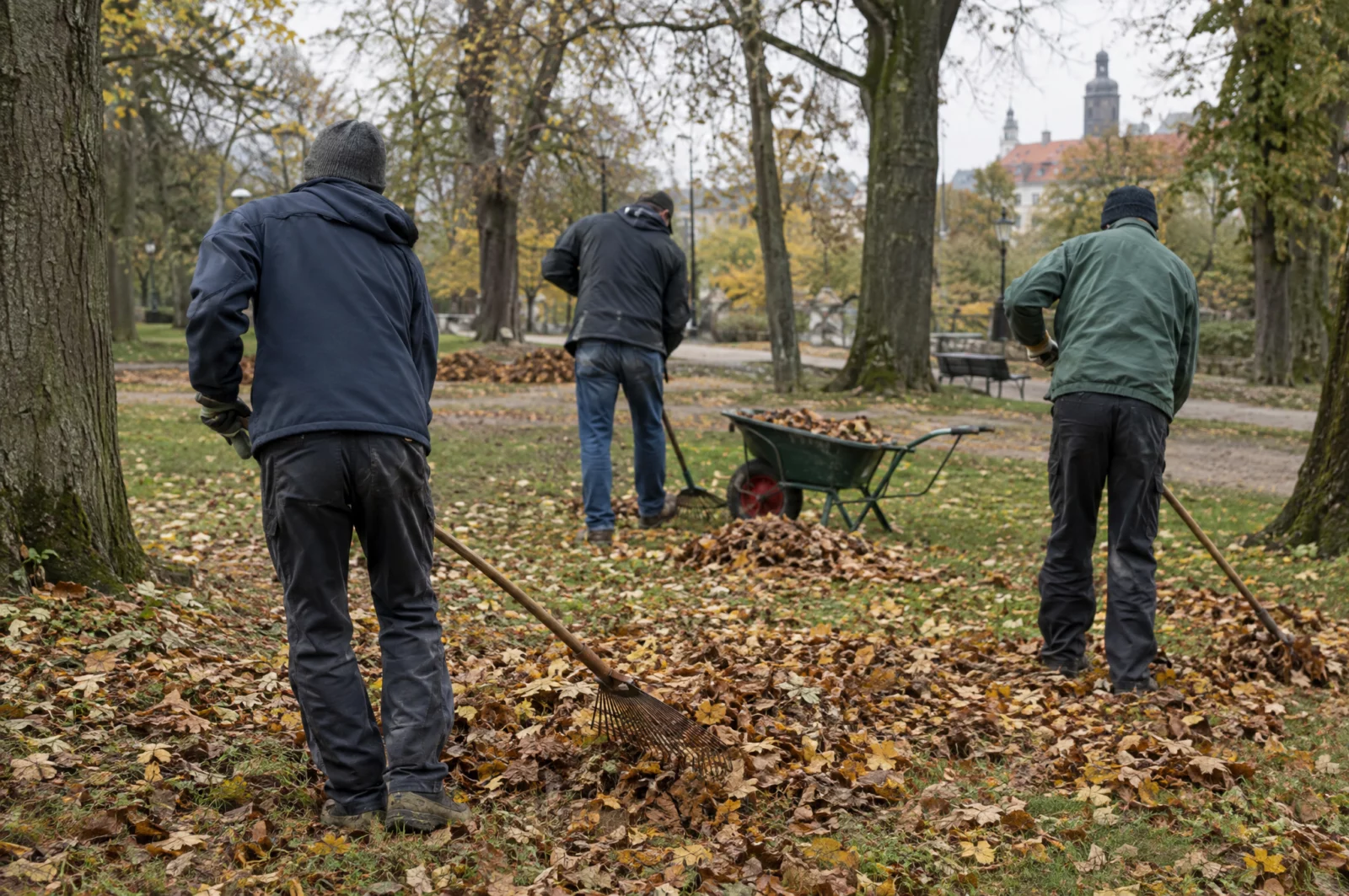 Personen in Arbeitskleidung rechen Laub in einem Park. Sozialstunden sind eine typische Arbeitsauflage im Jugendstrafrecht.