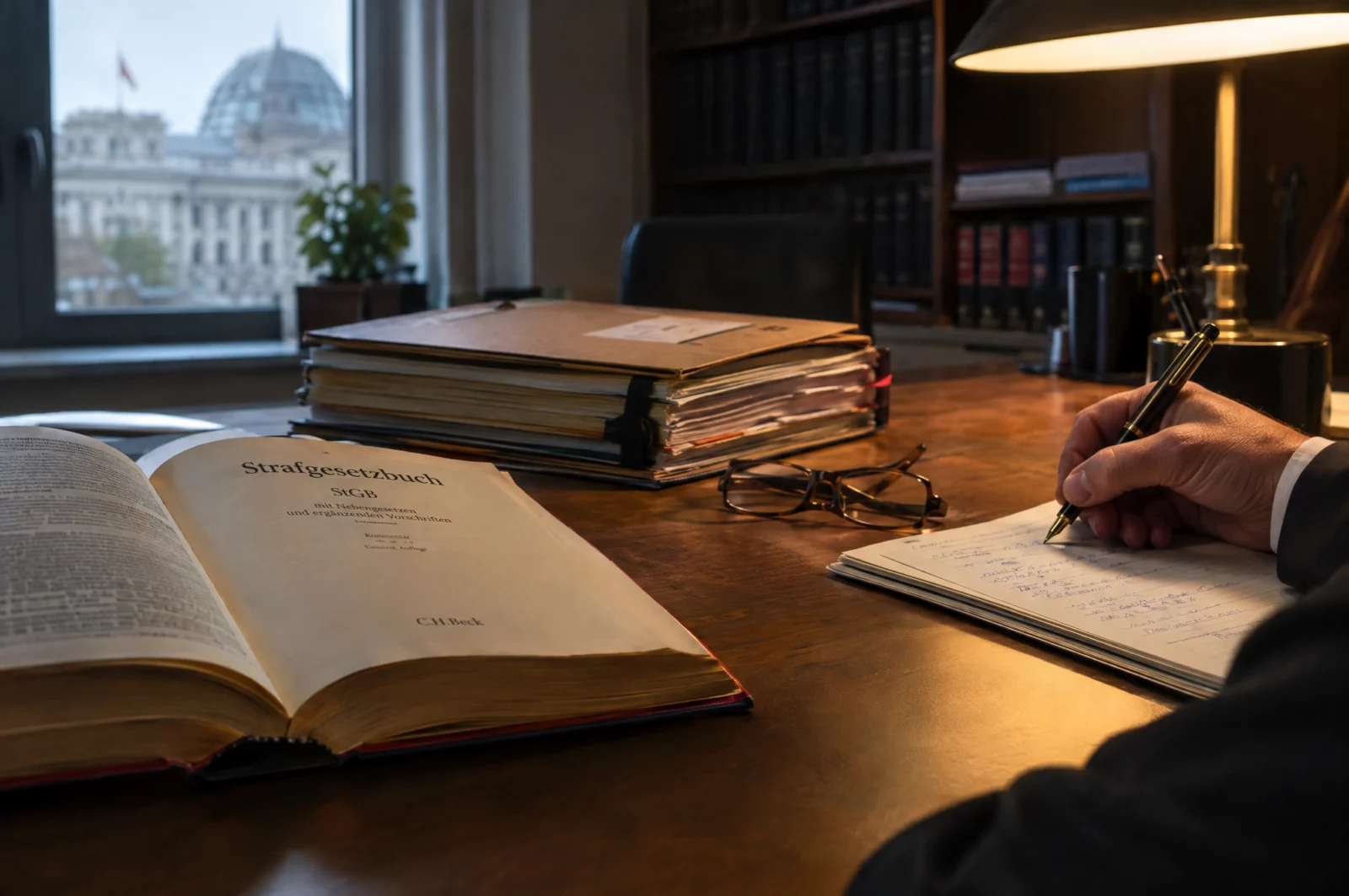 Verteidiger notiert mit Füller neben aufgeschlagenem Gesetzbuch und Akte, um die Anwendbarkeit des Jugendstrafrechts zu prüfen.