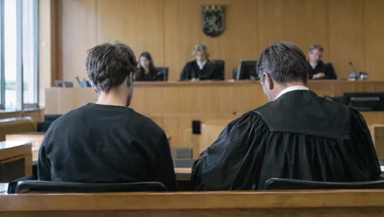 Junger Erwachsener sitzt neben seinem Verteidiger auf der Anklagebank – hier entscheidet sich, ob Jugend- oder Erwachsenenstrafrecht gilt.