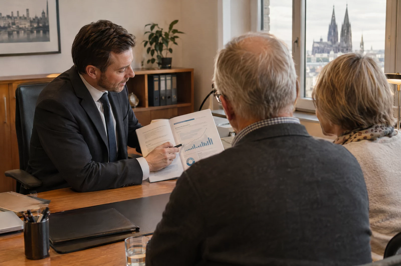 Anlageberater erläutert einem älteren Ehepaar einen Verkaufsprospekt, typische Situation beim Kapitalanlagebetrug nach § 264a StGB.