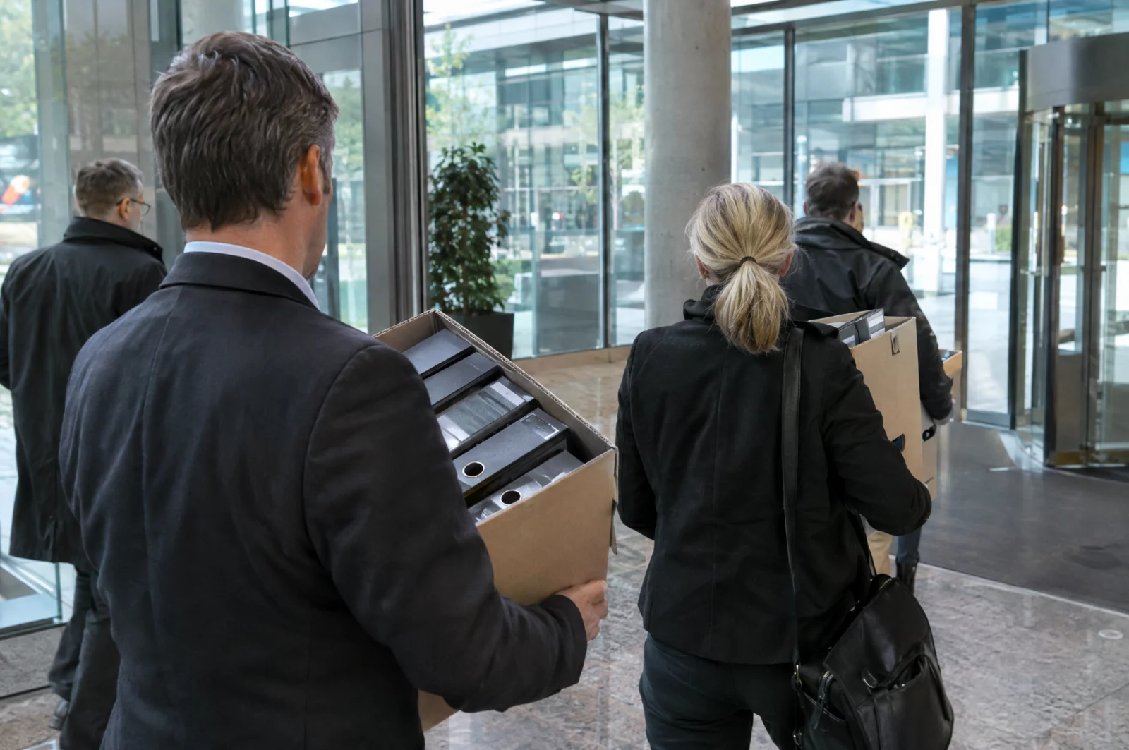 Ermittler tragen Kartons mit Aktenordnern aus einem Bürogebäude, wie bei Durchsuchungen wegen Kapitalanlagebetrugs üblich.