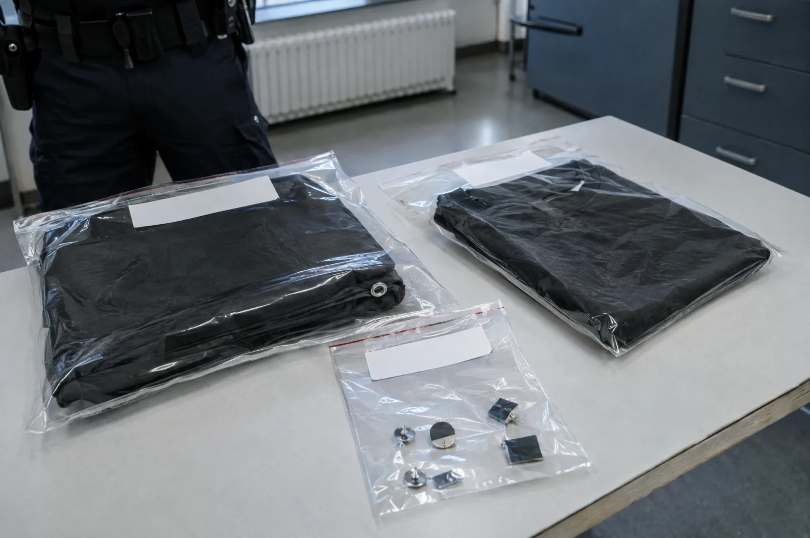 Verwenden von Kennzeichen verfassungswidriger Organisationen - § 86a StGB Eine gefaltete Fahne, Anstecker und ein T-Shirt liegen als sichergestellte Beweismittel in Tüten auf dem Polizeitisch.