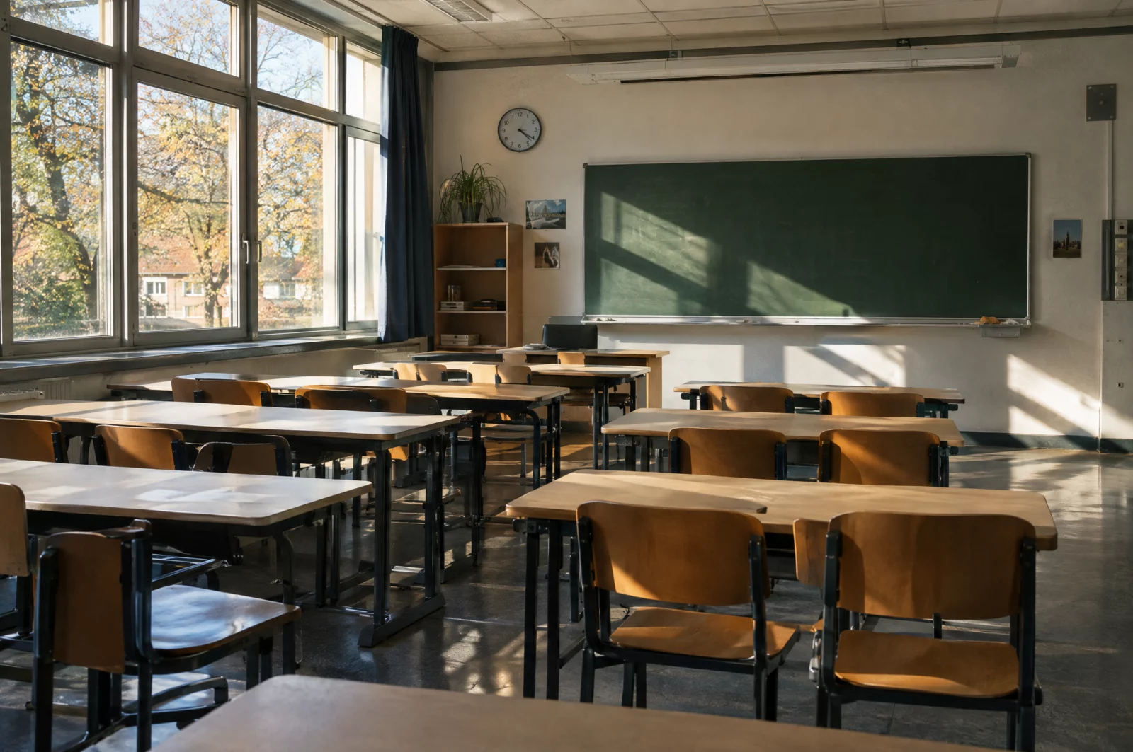 Verwenden von Kennzeichen verfassungswidriger Organisationen - § 86a StGB Leeres Klassenzimmer einer weiterführenden Schule, Sinnbild für die Debatte um verbotene Kennzeichen an Schulen.