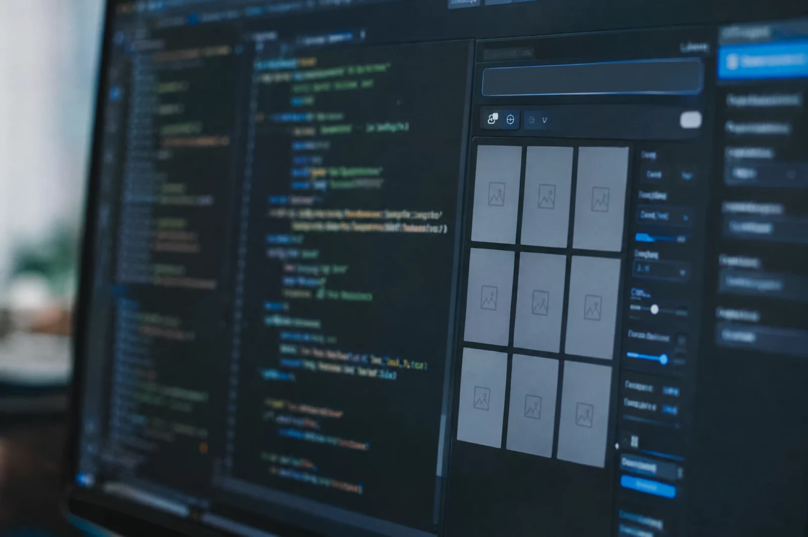 Unscharfer Bildschirm mit Programmcode und einer KI-Bildgenerator-Oberfläche mit leeren Platzhaltern, Thema KI-generierte Darstellungen.