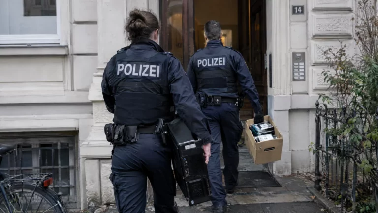 Zwei Polizeibeamte tragen einen Computer und einen Karton mit Datenträgern am Wohnhaus, Durchsuchung wegen KI-generierter Inhalte nach § 184b StGB.