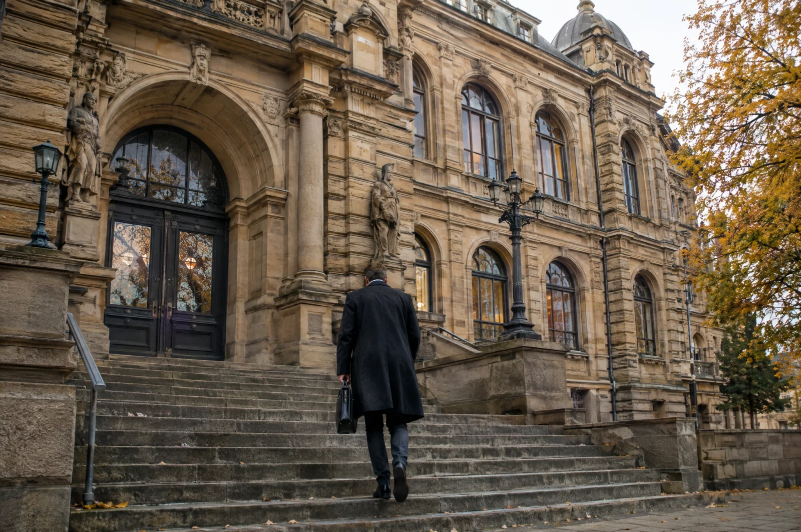 Historisches Landgericht aus Sandstein, ein Anwalt geht die Treppe hinauf, Ort von Strafverfahren wegen KI-generierter Inhalte.