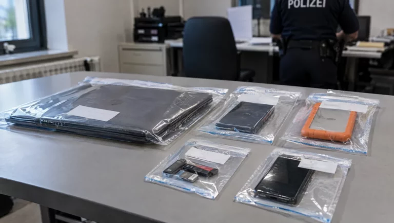 Laptop, Festplatten und Smartphone in Beweismitteltüten auf einem Tisch der Polizei, typisch für Verfahren nach § 184b StGB.