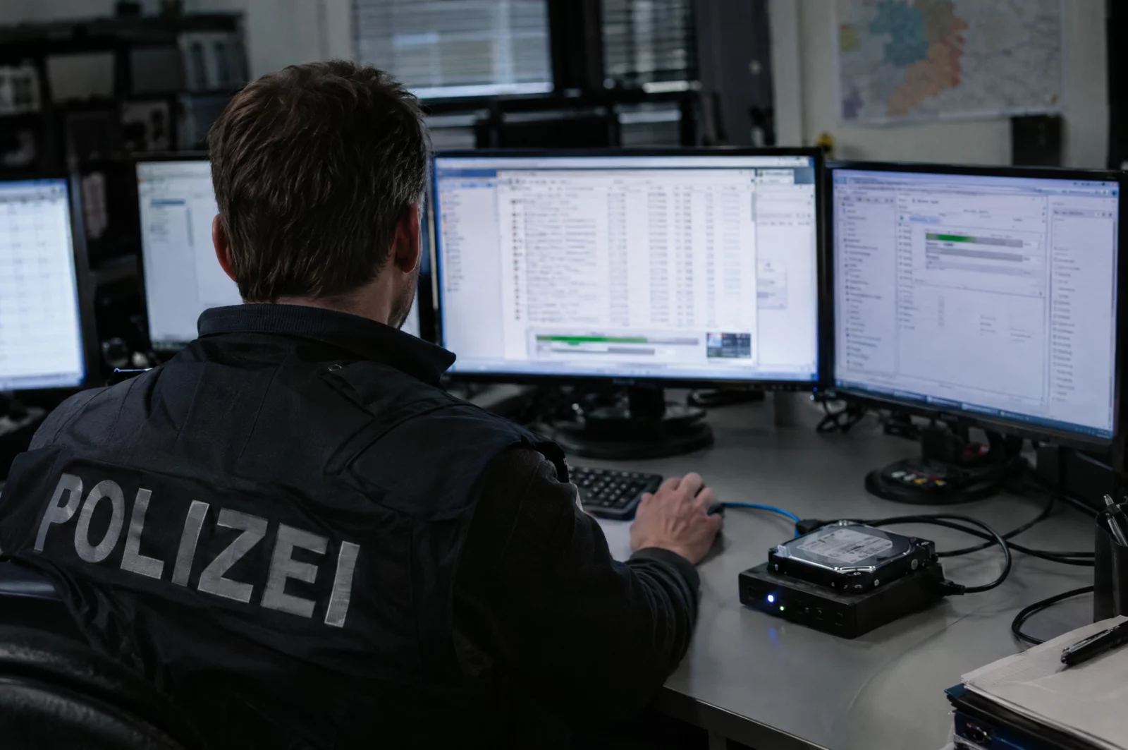 Kinderpornographie - § 184b StGB IT-Forensiker der Polizei wertet an mehreren Monitoren eine Festplatte aus, wie bei Ermittlungen wegen § 184b StGB üblich.