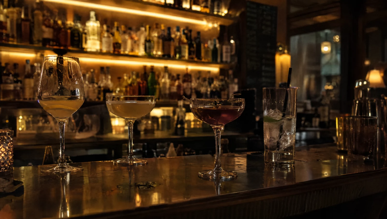 Mehrere halbvolle Cocktailgläser auf einem schwach beleuchteten Bartresen, typischer Schauplatz bei Vorwürfen wegen K.O.-Tropfen.