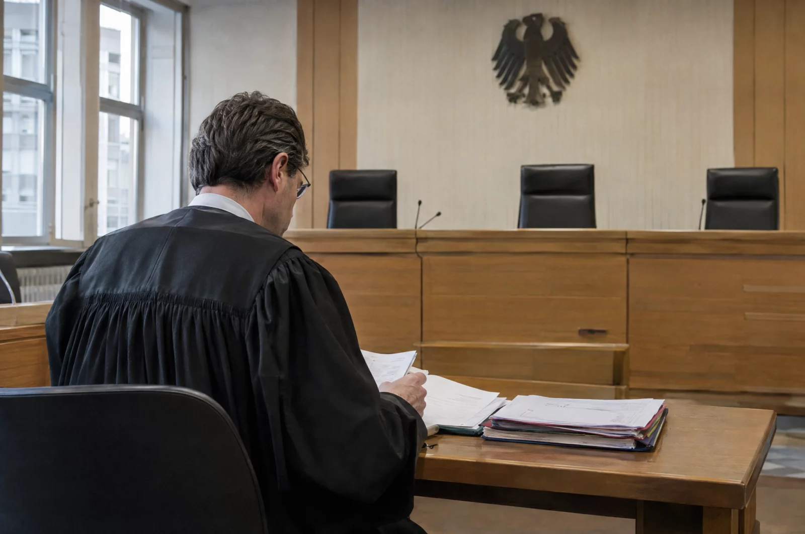Strafverteidiger in Robe prüft Unterlagen am Verteidigertisch eines deutschen Gerichtssaals, Verfahren wegen K.O.-Tropfen.