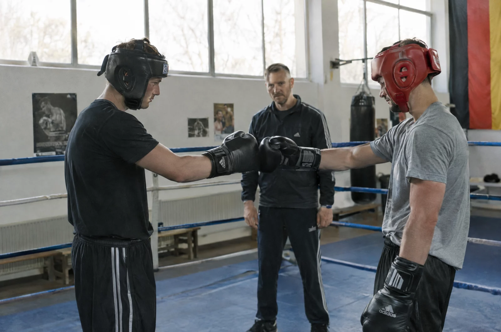 Zwei Sportler mit Kopfschutz berühren vor dem Sparring die Handschuhe – Beispiel für eine Einwilligung nach § 228 StGB.